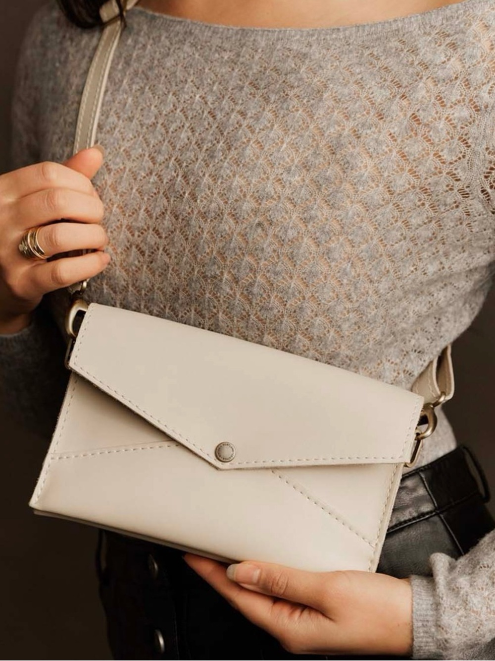 PLG Premium Envelope Crossbody Wristlet Pouch in Bone Full Grain Leather